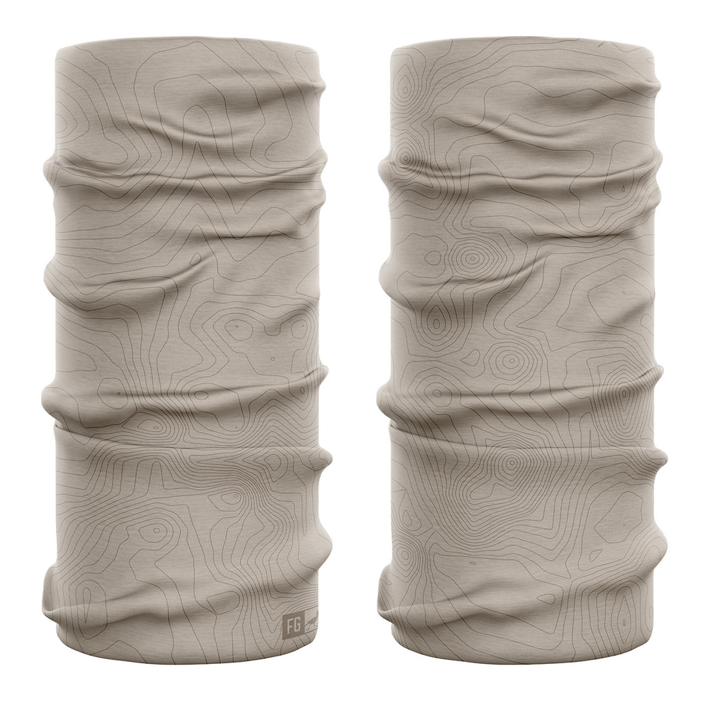 Light tan topographical patterned neck gaiter on a white background