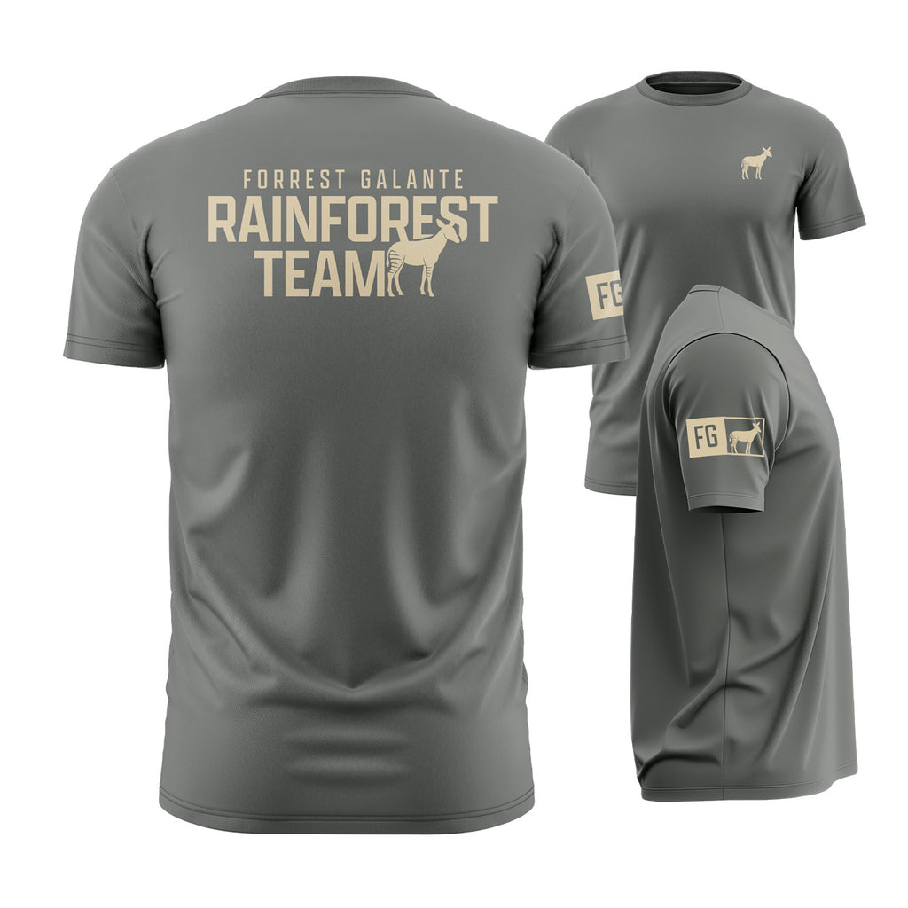 Gray t-shirt with 'Forrest Galante Rainforest Team' text and logo on a white background.