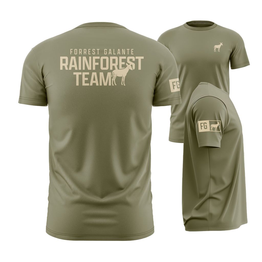 Green t-shirt with 'Forrest Galante Rainforest Team' text and logo on a white background.
