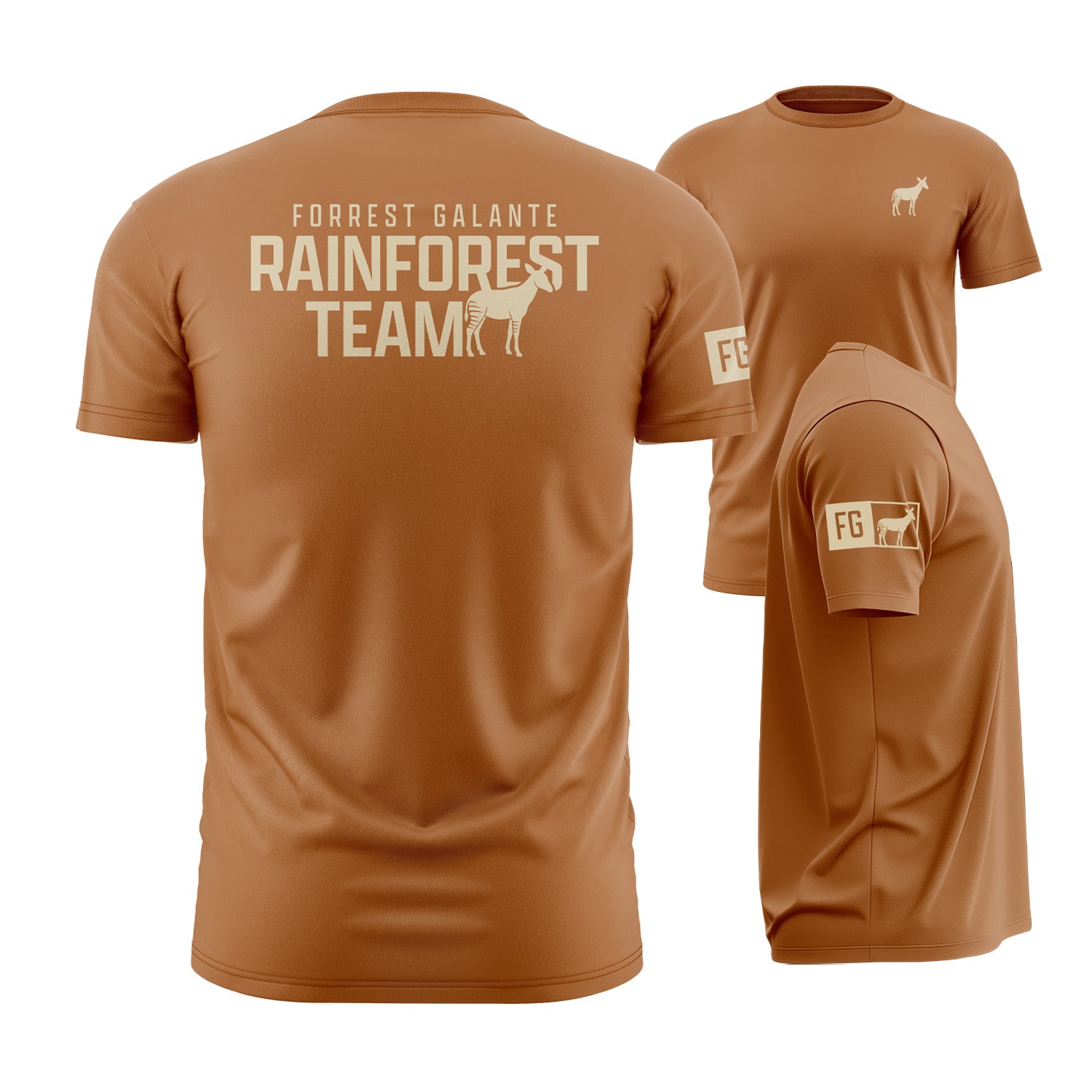 Brown t-shirt with 'Forrest Galante Rainforest Team' text and logo on a white background