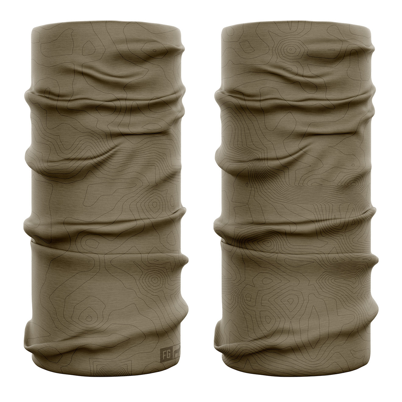 Two beige topographical patterned neck gaiters on a white background
