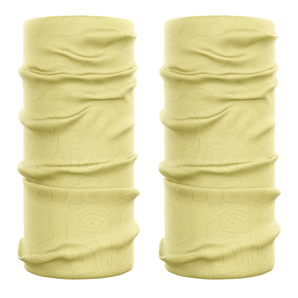 Two pale yellow topographical patterned neck gaiters on a white background