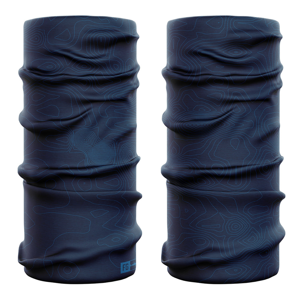 Dark blue topographical patterned neck gaiter on a white background