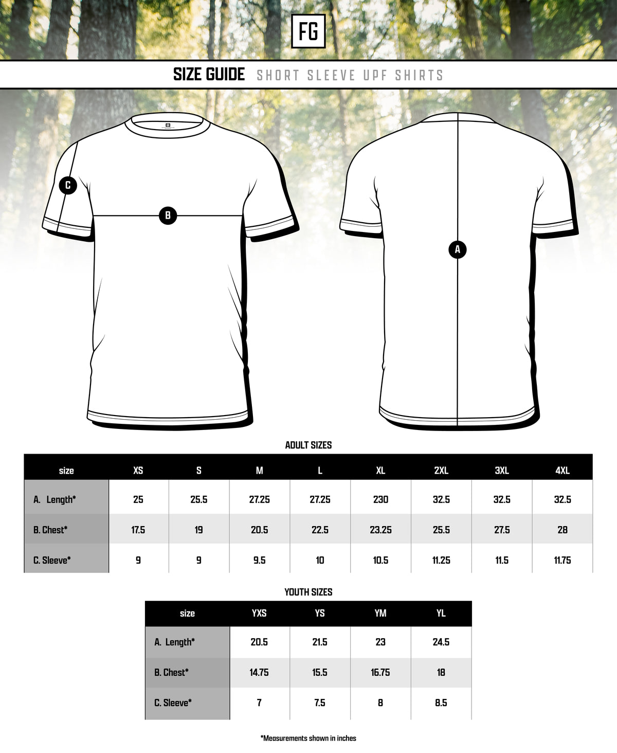 Rainforest Team Short Sleeve UPF Shirt Size chart