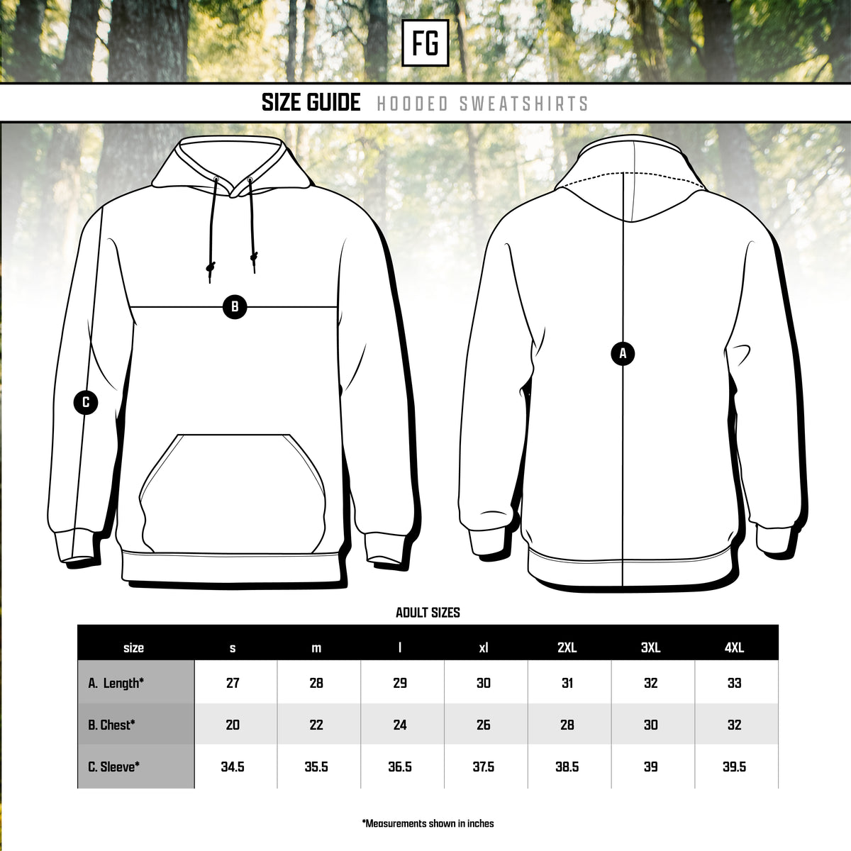 Safari Team Hooded Sweatshirt Size chart