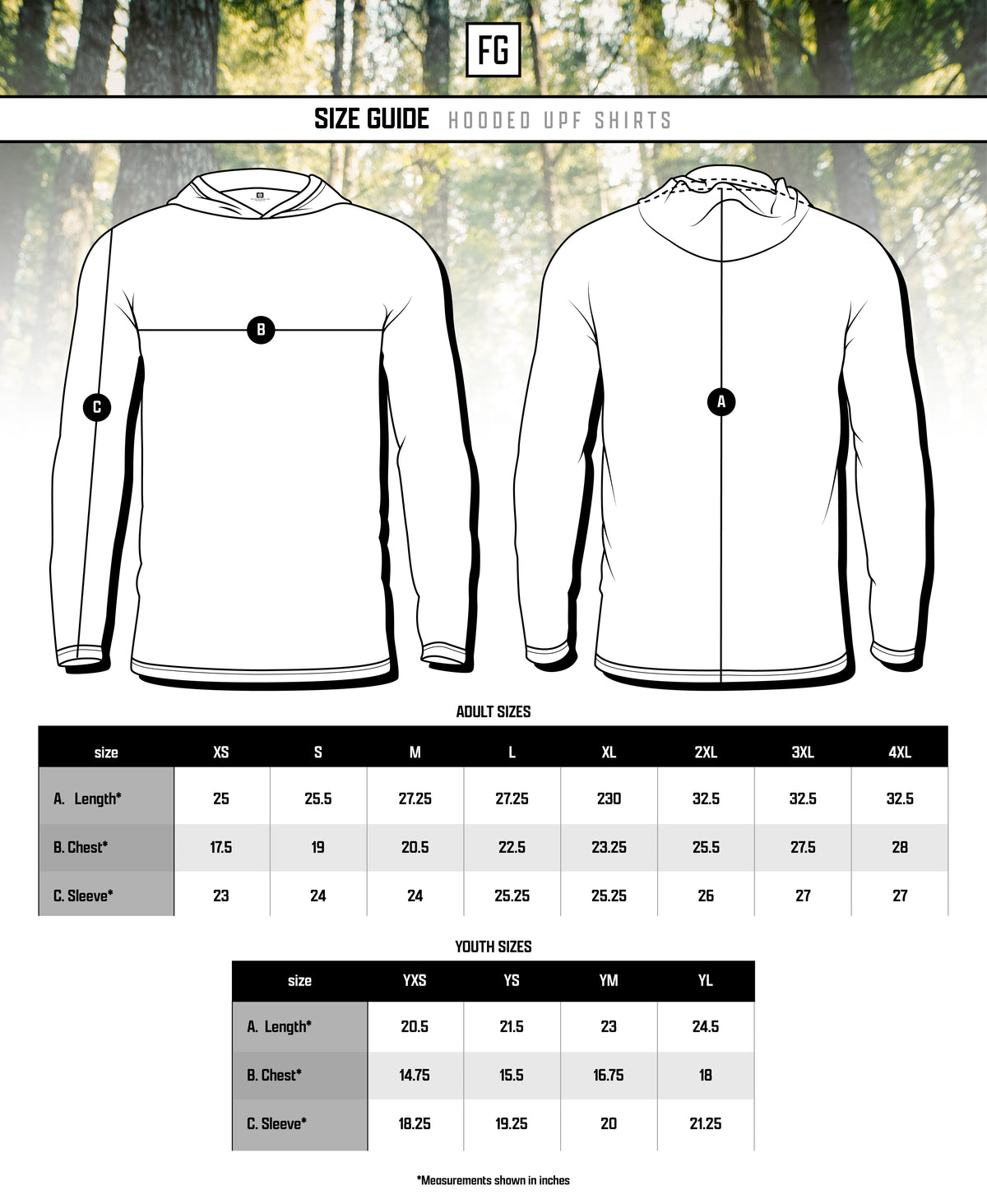 Shark Team Hooded UPF Shirt Size chart